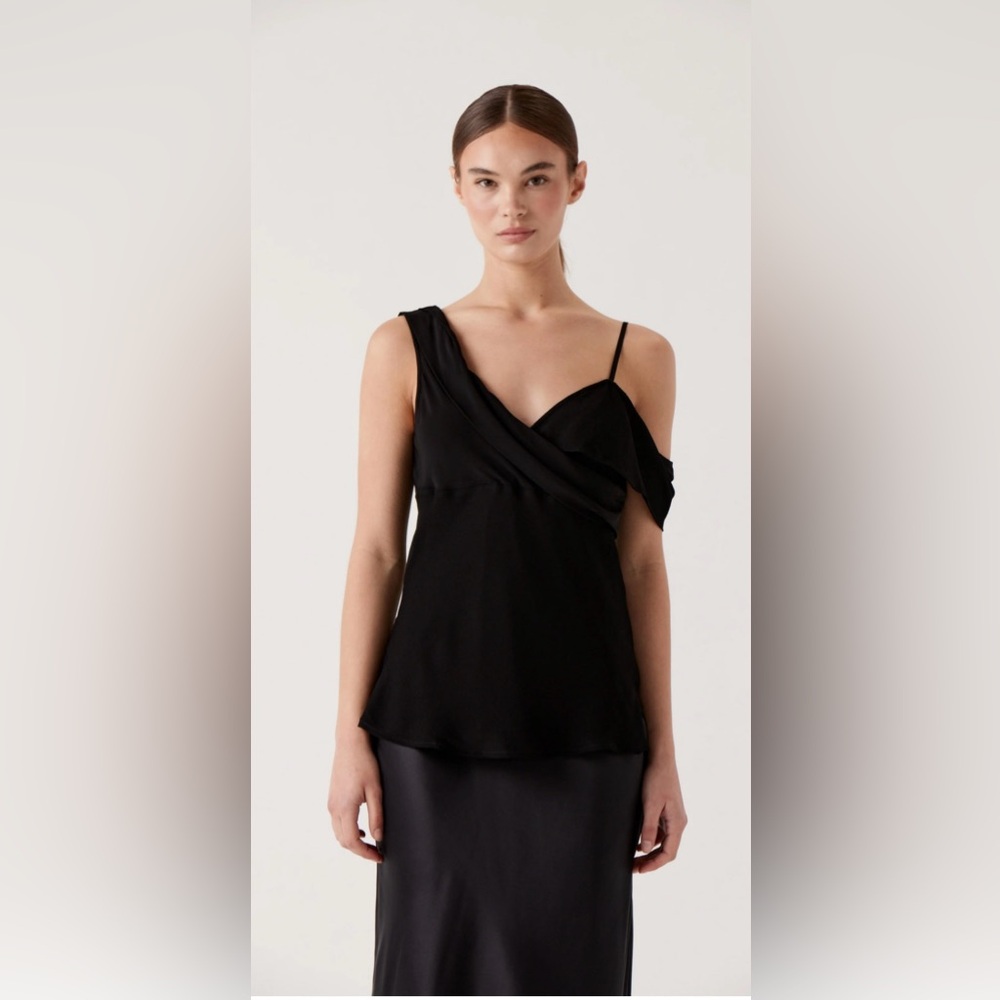 Sophie Rue Black Asymmetric Strap Satin Top